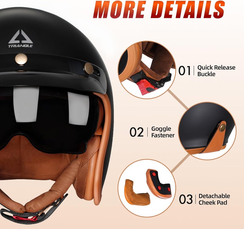 triangle 3/4 Motorcycle Helmet,Retro Open Face Adults Helmets with Visor,Half Face Moped Helmet for Men & Women,DOT Approved Helmets for Cruiser Scooter(L) - Image 4